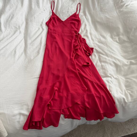 Lulus Manhattan Moment Berry Pink Ruffled Midi Wrap Dress Size S - Picture 2 of 6